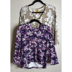 Ruby Rd Womens XL Petite Colorful Floral Geometric Top Shirt 3/4 Sleeve Lot Of 2
